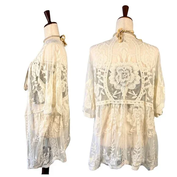 Entro White Sheer Boho Embroidered Lace Kimono Jacket Blouse M Cottagecore - Picture 3 of 15